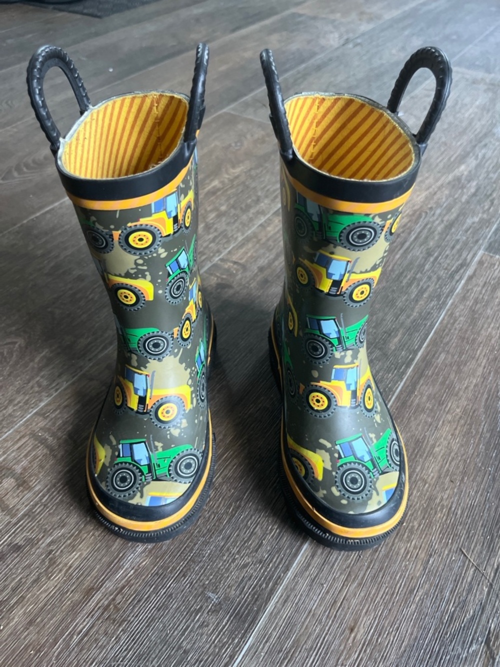Western Chief Kids Tractor Rain Boots Green Yellow Pull Handles Size 9
